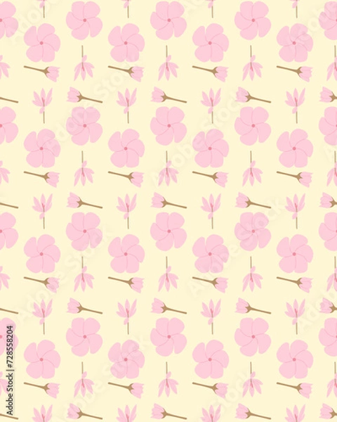 Fototapeta A seamless pattern of pink flower on a yellow background in a spring minimal shape floral concept, Vector