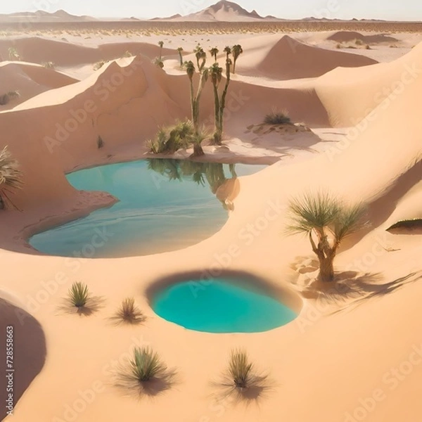 Fototapeta Image of a mystical desert oasis with glowing water, surrounded by towering sand dunes and mythical creatures resting nearby.
