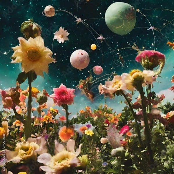 Fototapeta Surreal scene of a celestial garden, where planets and stars take the form of blooming flowers and flying creatures.