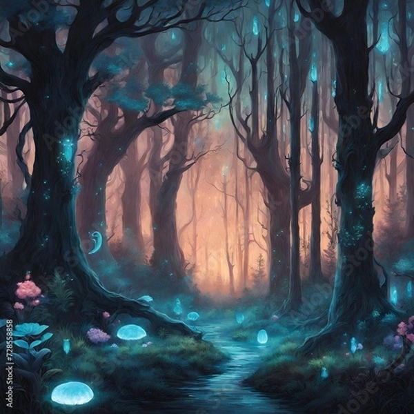 Fototapeta Surreal representation of a bioluminescent forest at dusk, where the trees emit an ethereal glow, and mythical creatures roam.