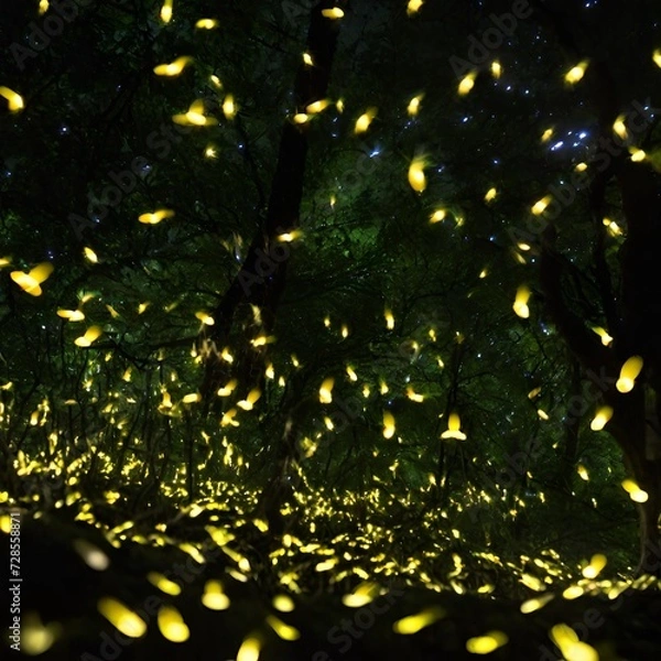 Fototapeta Whimsical scene of fireflies forming intricate patterns in a moonlit forest, creating a living light show.