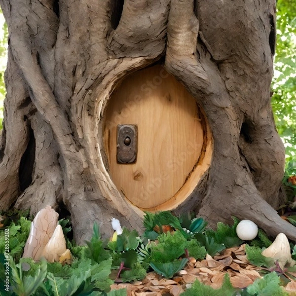 Fototapeta Image showcasing a hidden doorway in an ancient tree trunk, leading to a magical realm filled with mythical creatures.