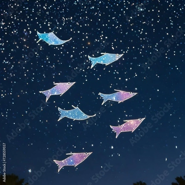 Fototapeta Whimsical scene of a group of flying fish soaring through a starlit sky, leaving trails of sparkling stardust behind them.