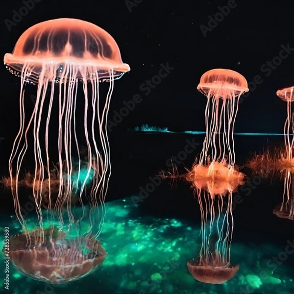 Fototapeta Surreal image of a bioluminescent jellyfish-filled lake at night, with the reflections creating an otherworldly glow.