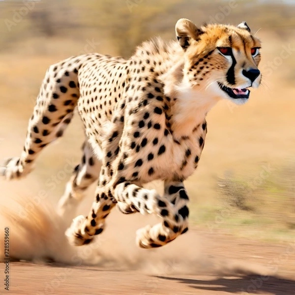 Fototapeta Lifelike representation of a cheetah in full sprint across the African savannah, illustrating the incredible speed of this predator.