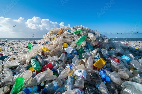 Fototapeta Mountains of discarded plastic bottles create a disturbing scene on the seashore under a cloudy sky, highlighting the environmental issues of pollution and waste disposal