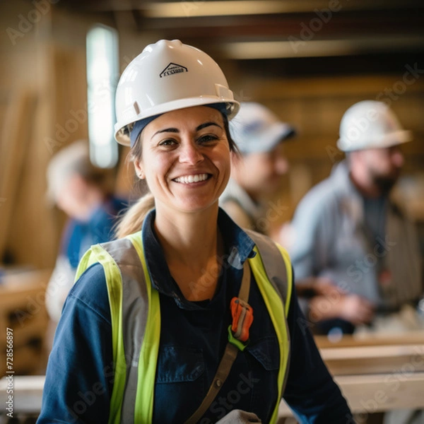 Fototapeta A smiling woman wearing a white hard hat and safety vest stands in a workshop with colleagues working in the background