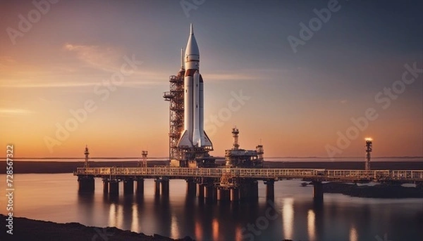 Fototapeta Sunset Countdown: Space Rocket Poised for Launch at Dusk