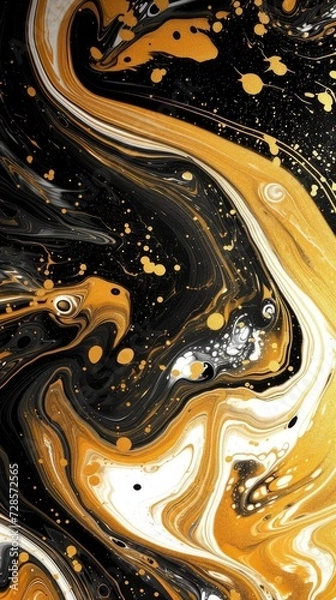 Fototapeta a Gold and Black swirl pattern wallpaper with bubbles, in the style of conceptual painting, delicate chromatics, fluid acrylics, white background, mixes painting and ceramics - generative ai