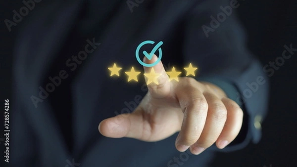 Fototapeta Businessman's hand touching correct glowing sign for document approval and project approval concept with copy space.