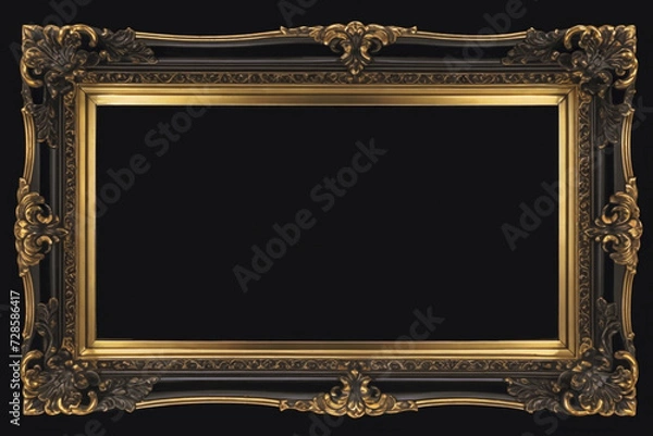 Fototapeta A black and gold picture frame sits on a black background. ai generative