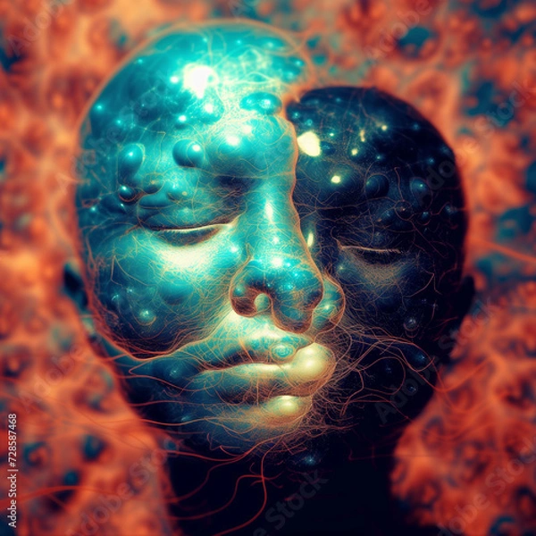 Fototapeta Spiritual Dichotomy & Harmonic Duality: Yin & Yang Faces in a Cosmic Dance - Surreal Art of Balance & Spiritual Unity - Abstract Duality Concept.