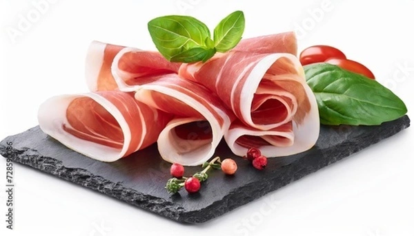 Fototapeta italian prosciutto crudo or spanish jamon raw ham isolated on white background with full depth of field