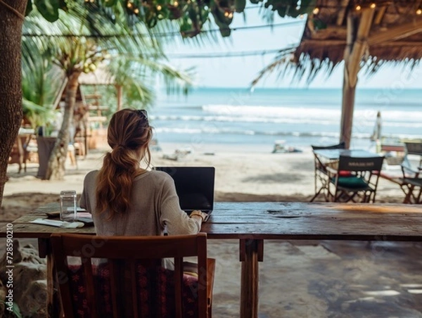 Fototapeta A person working on a laptop at a beachside cafe