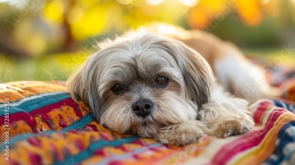 Fototapeta A Shih Tzu soaking up the sun while lounging on a colorful picnic blanket
