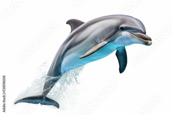 Obraz Cute dolphin jumping isolated on white background. Generative AI
