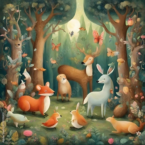 Fototapeta Whimsical forest scene with talking animals and enchanted trees - 1