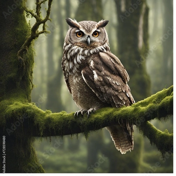 Fototapeta An Owl sitting in a rain forest with dark woods there