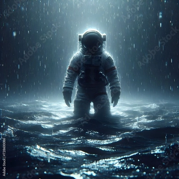 Fototapeta An astronaut floating in the ocean showing loneliness and darkness, 4k wallpaper, rain