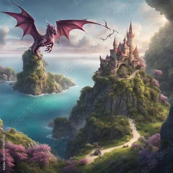 Fototapeta Mystical island inhabited by mythical creatures like dragons and unicorns