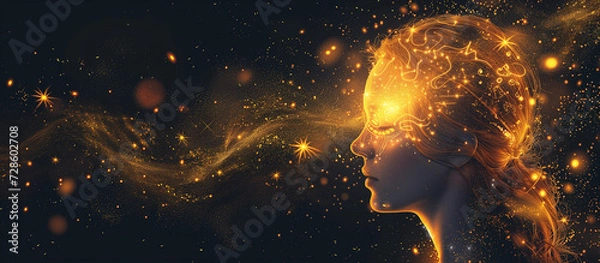 Fototapeta beautiful woman and moon esoteric golden Boho astronomy astrology lunar magic background.