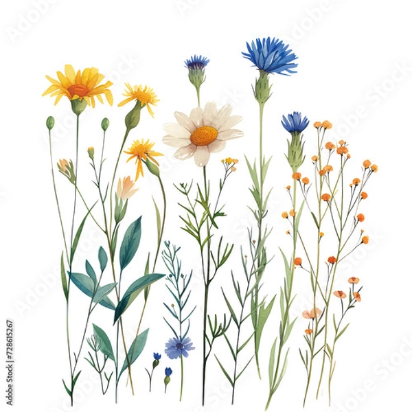 Fototapeta White background with a beautiful array of flowers including daisies, chamomile, and blossoms, watercolor digital art, plain background, pastel color theme