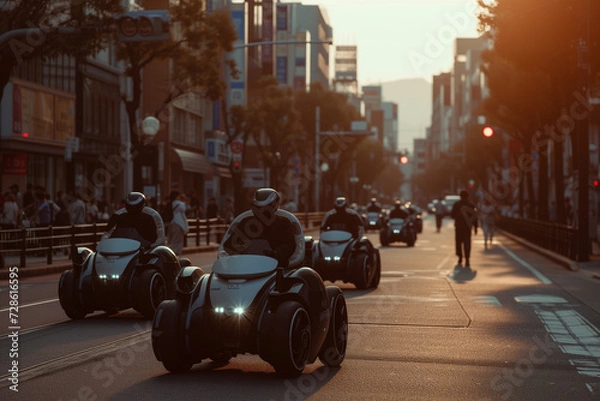 Fototapeta Urban mobility. Elderly-centric robotic wheelchair. Autonomous, Accessible, Elderly-Friendly, Seamless, Innovative, advance mobility solution concept for seniors by generative AI.