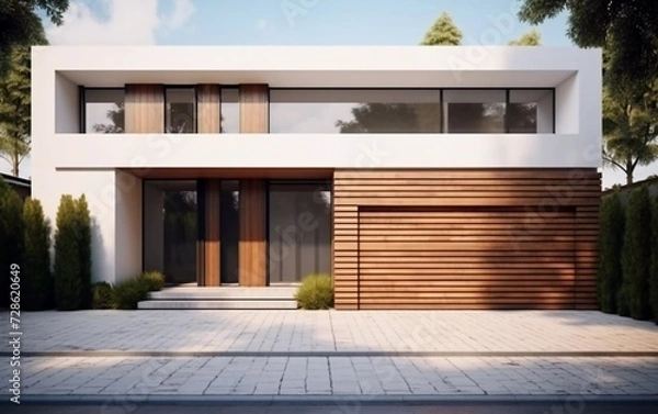 Fototapeta modern minimalist block house with garage. Building a contemporary villa exterior. Private real estate. generative ai