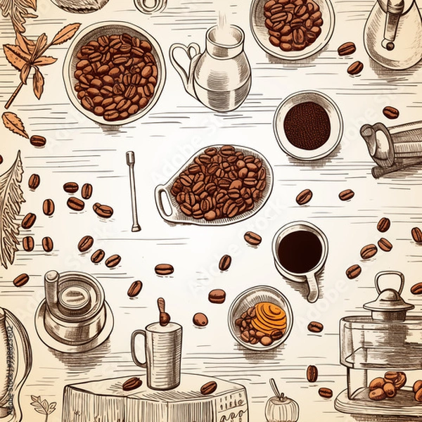 Fototapeta A seamless pattern of scattered coffee beans and steaming mugs, perfect for a cafe backdrop