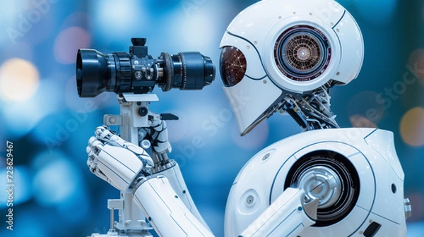 Fototapeta Sophisticated white robot with intricate detailing, holding a professional camera against a backdrop of soft bokeh lights that add an artistic touch.