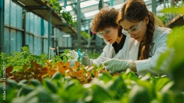 Fototapeta Scientists examining plants in a greenhouse, noting observations.