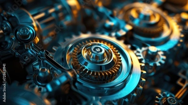 Fototapeta Abstract modern engine wallpaper, gears and cogs close-up technology background