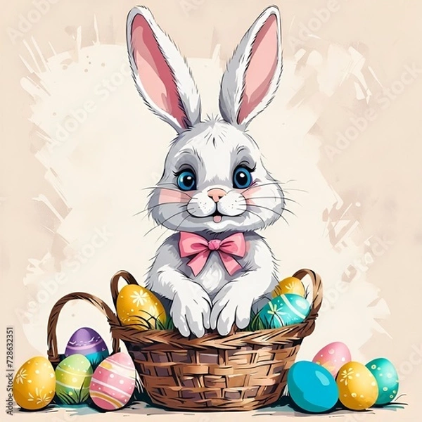 Fototapeta Adorable Illustrated Rabbit Posed in a Wicker Basket Surrounded by Colorful Easter Eggs