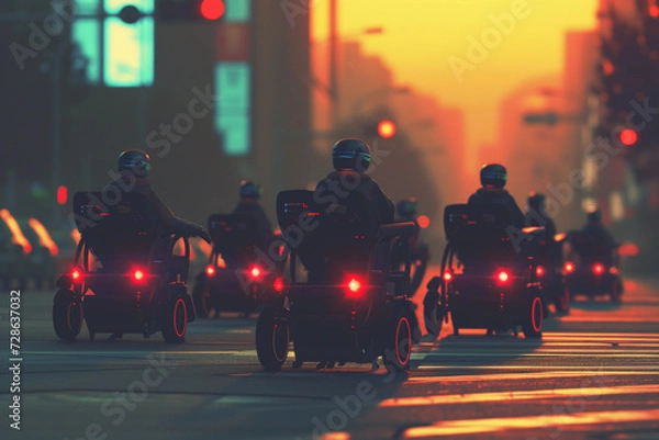 Fototapeta Urban city in sunset. Elderly-centric robotic wheelchair. Autonomous, Accessible, Elderly-Friendly, Seamless, Innovative, advance mobility solution, accessible for seniors by generative AI.