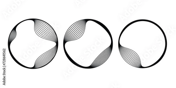 Fototapeta Set of abstract circle round frames by lines wavy flowing black gradient isolated on transparent background. Vector in concept modern, technology, science, music.