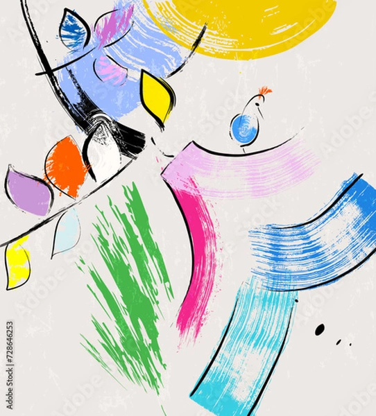 Fototapeta abstract colorful background, illustration with lines, circle, waves, paint strokes and splashes, springtime illustration