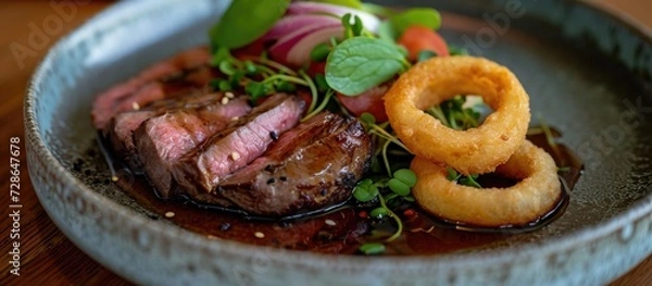 Fototapeta Cuban aged angus steak with onion rings in soy sauce, served in a Nordic bowl.