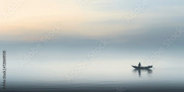 Obraz A solitary rowboat on a calm lake, with ripples emanating from its path. In the boat,