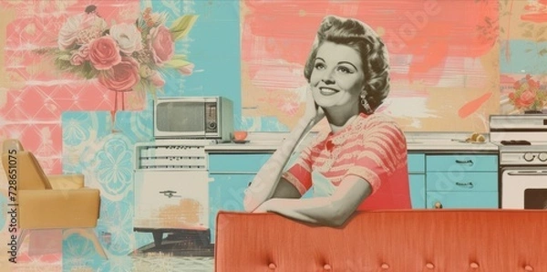 Obraz classic retro illustration,american housewife close up portrait  smiling  indoor at home, 40s, 50s era, surreal collage type of postcard, pastel colors