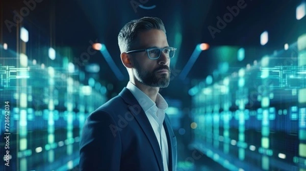 Obraz Cybersecurity businessman projecting data servers, in the style of light indigo and light azure, 