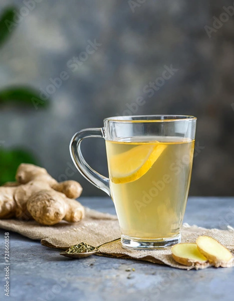 Fototapeta Ginger tea in a glass cup with fresh ginger root on a blurred background