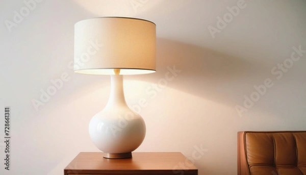 Fototapeta Lamp on the white table with white wall background, stock photo