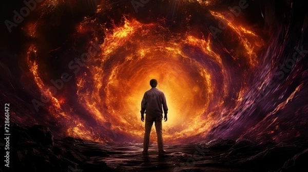 Fototapeta an image of a man standing in front of a fire tunnel