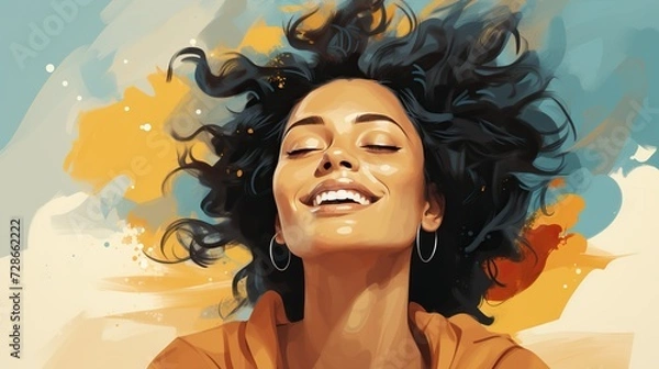 Fototapeta an illustration of a very happy woman who has long curly hair