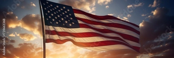 Fototapeta United States Flag Waving On Sundown, Background Image, Background For Banner, HD