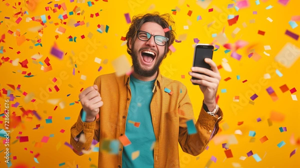 Fototapeta 
Young man celebrating victory or lottery win, holding phone, shouting joyfully, surrounded by falling confetti. 