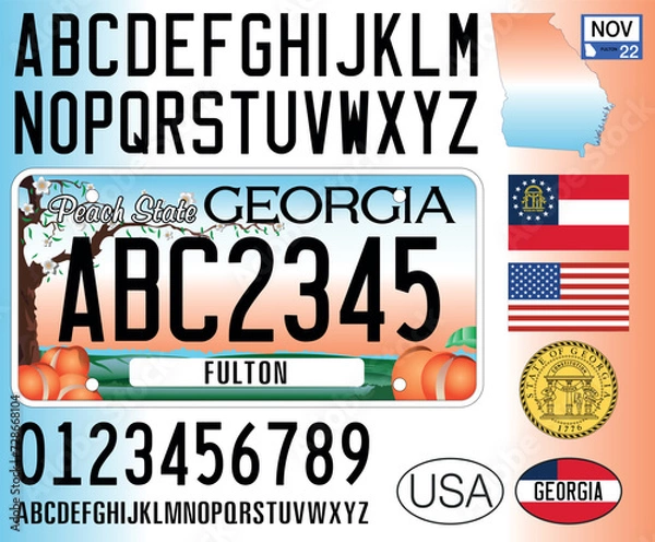Fototapeta Georgia US state car license plate pattern, letters, numbers and symbols, vector illustration, USA
