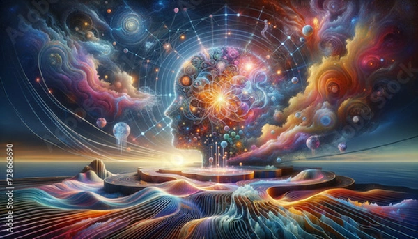 Obraz Mental Exploration: Quantum Gates and Psychic Waves in Surreal Mindscape