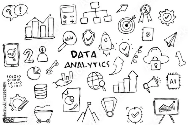 Obraz doodle art data analytics hand drawn set vector simple. with flowchart, statistic and element component business.