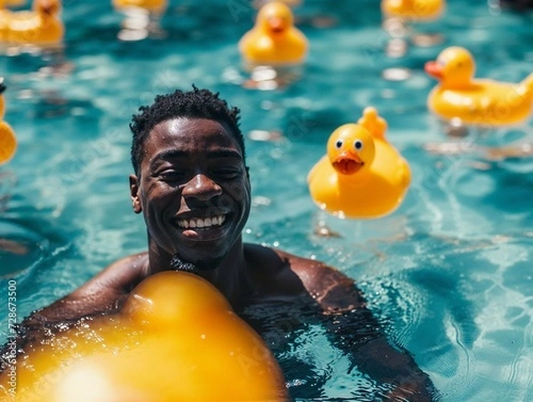 Obraz Joyful African American Man with Yellow Rubber Ducks in Sunlit Pool: Radiating Happiness in Summer Time